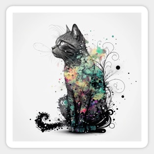 Illustration of a sitting black and white cat, head turned to the side. Torso and legs of the cat are covered in colourful violet, blue, red, yellow and pink lotus flowers Sticker